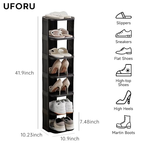 Small Shoe Rack, 7 Tier Plastic Vertical Shoe Rack for Small and Narrow Spaces, Free Standing Shoe Organizer for Closet, Entryway (Black) - color: Black, size: 7 Tier