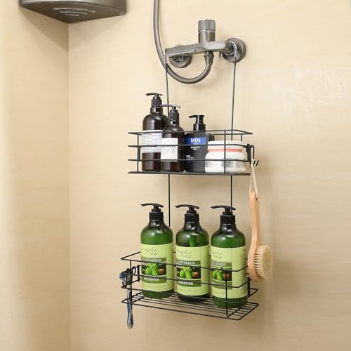 Shower Organizer Hanging Shower Caddy with Rotatable Hook bar Over the Door and Can be Hung on the Faucet or Claw Foot, Stainless Steel Rust Proof and Durable （Black） - color: Black, size: 2-Tier