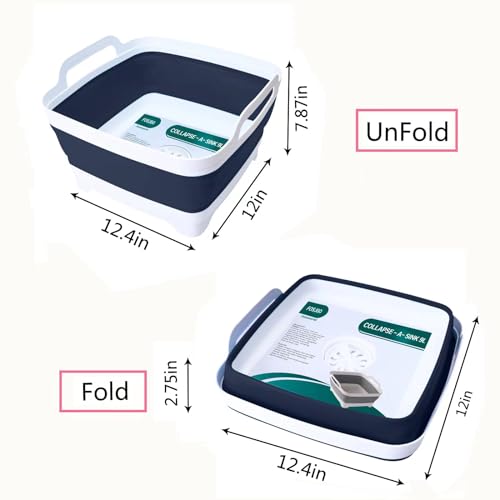 FOSJGO 2.4 Gal(9L) Collapsible Dish Basin with Drain Plug,Space Saving Multiuse Foldable Sink Tub,Dishpan,Kitchen Sink for Camping,Plastic Tub,Vegetable Washing,RV - color: Navy blue