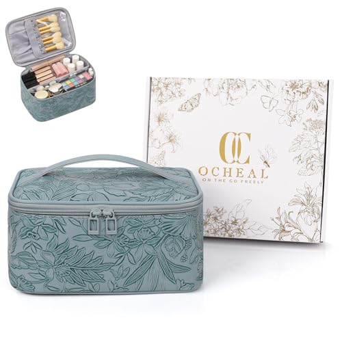 OCHEAL Makeup Bag,Travel Makeup Organizer Bag, Large Capacity Cosmetic Bags for Women Large Travel Toiletry Bag for Girls Traveling With Brush Slot And Divider-Blue Floral - color: 0021_Blue Lily with Gift Box, size: Medium