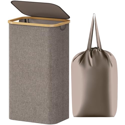 Lifewit 100L Laundry Basket with Lid, Clothes Hampers for Laundry with Bamboo Handles and 1 Removable Bag, Large Foldable Laundry Hamper for Bedroom, Bathroom, Dorm, Laundry Room, Brown - color: Brown, size: 100L