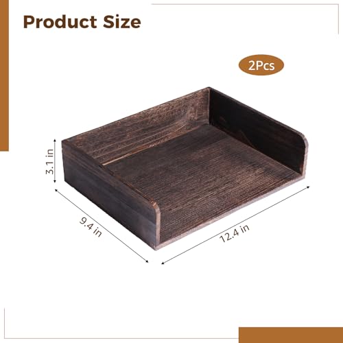 2 Pcs Stackable Desk Tray, Wood Document Organizer, Retro Brown Desktop Accessories with Open Front Design, Wooden Folder Organization Rack Desk Tray for Office, Home, 12.4 x 9.4 x 3.5 in