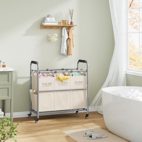 Tajsoon 3 Bag Laundry Sorter Cart, Laundry Hamper Sorter Basket with Heavy Duty Lockable Rolling Wheels for Clothes Storage, Beige - color: Beige, size: 3 Bag