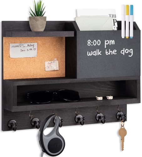 Key Holder for Wall Mount with Mail Organizer, Farmhouse Key Holder for Wall with Shelf, Chalkboard&Corkboard, Entryway Organizer 11 Metal Hooks, Decorative Natural Pine Wood, 14.6*11.1*3.3”, A-Black - color: Black-A