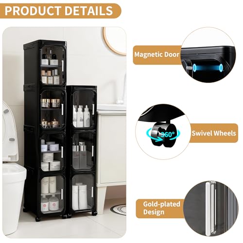 2-Tier Slim Narrow Storage Cabinet with Adjustable Shelves and Movable Wheels, Anti-Tip, Bathroom Storage and Organizers for Small Space, Bathroom, Kitchen, Laundry, Black - color: Black, size: 2-Tier