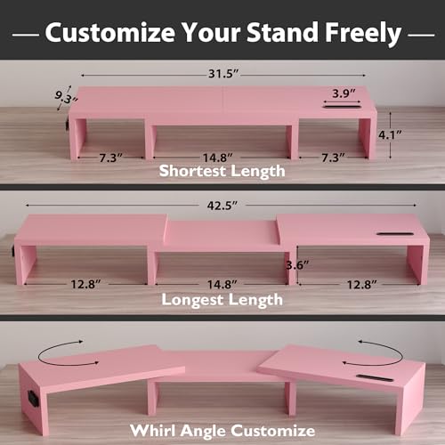 BONTEC Dual Monitor Stand Riser with Smartphone Holder, Adjustable Length & Swivel Angle, Ergonomic Wooden Desktop Organizer for PC Monitor, Laptop, Printer, Large Storage, Pink - color: Pink