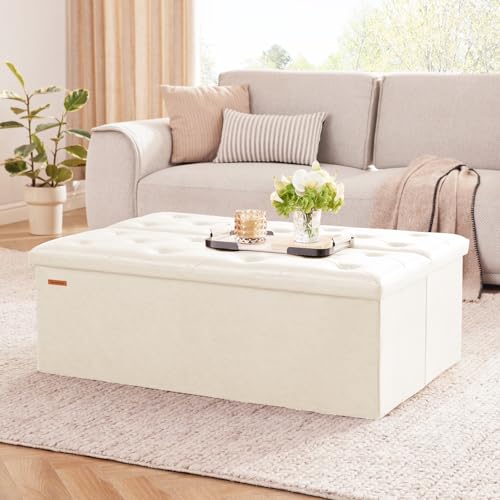 HAUSFRAU Storage Ottoman Bench with Flipping Lid, 43.3 Inches Storage Chest Footsrest, Folding Foot Stool for Entryway, Living Room, Bedroom, Synthetic Leather Ivory - color: Ivory, size: 15"D x 43.5"W x 15"H