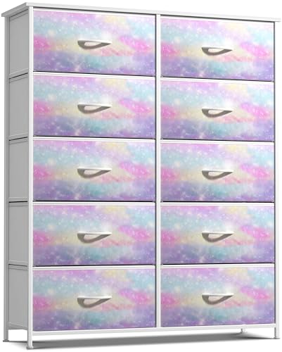 Sorbus Kids Dresser with 10 Drawers - Storage Chest Organizer Unit Nightstand - Steel Frame, Wood Top, Tie-Dye Fabric Bins for Clothes - Wide Furniture for Bedroom, Hallway, Nursery, Closet, Apartment - color: Rainbow Sparkle, style: 10-Drawer