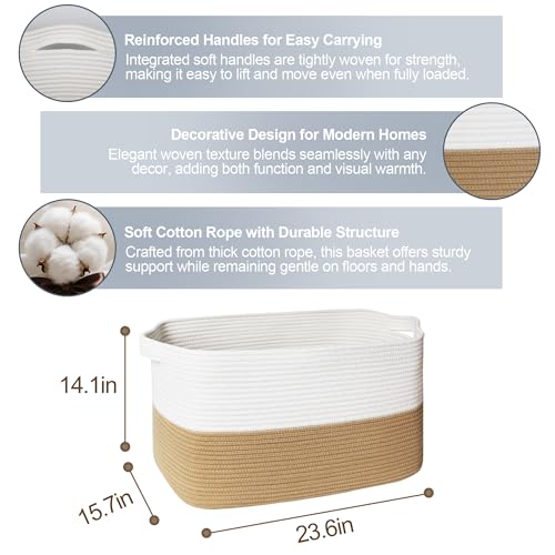 Extra Large Blanket Basket, 23.6"x15.7"x14.1" Woven Blanket Storage for Living Room, Big Cotton Rope Kids Dog Toy Bin Box, Decorative Rectangle Pillow Holder, Baby Laundry Basket, Camel - color: Camel and White