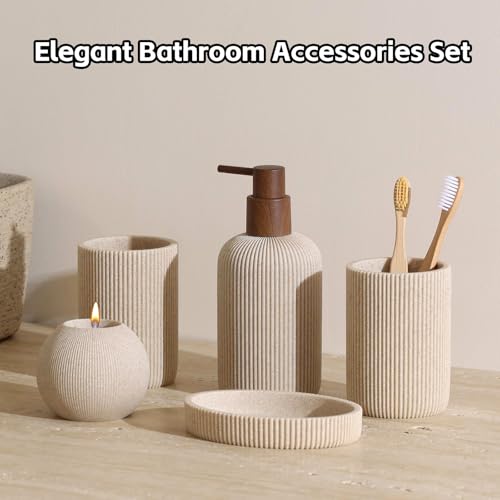 Bathroom Accessories Set, 5 PCS Sandstone Look Stripe Modern Bath Organizer with Soap Dispenser, Toothbrush Holder, Tumbler, Soap Dish, Candle Holder for Countertop Kitchen Sink (Beige) - color: Beige