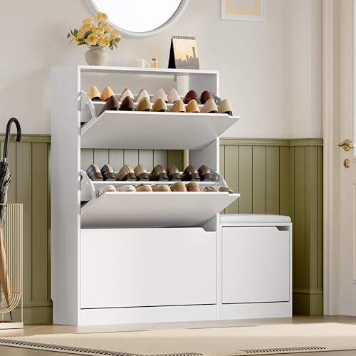 BORNOON Shoe Cabinet with Bench and 3 Flip Drawers, Slim Narrow Shoe Storage Cabinet, Freestanding Shoe Rack Organizer with Adjustable & Removable Shelves, Anti-Tip for Entryway, Hallway, Foyer - color: White, size: 3-Drawer - Bench