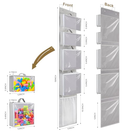 Woodoulogy Over Door Organizer and Storage, Hanging Toy Holder with 4 Clear Removable Pouches, Toddler Room Wall Stuffed Animal Bag Case, Kids Playroom Closet Organization for Building Block, Puzzle - color: Grey
