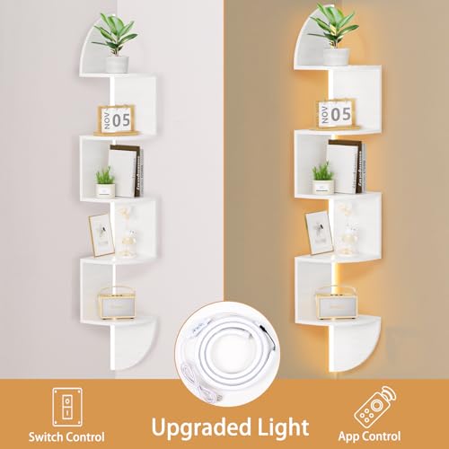 Waipfaru Corner Shelf, 5 Tier Bookshelf with LED Light, Corner Shelf Wall Mounted, Floating Shelves for Wall, Display Stand for Bedroom, Living Room, Bathroom, Home, Office, White - color: White