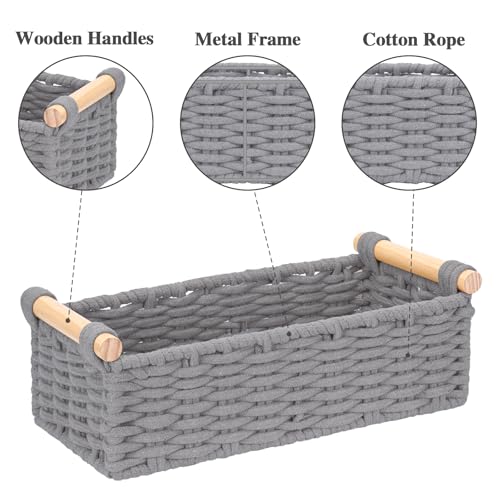 Boho Cotton Rope Storage Baskets Set of 2, Woven Wicker Organizer Bins with Wooden Handles, Small Decorative Boxes for Organizing, Toilet Paper Baskets for Bathroom Countertop, Shelves (Gray 2 Pack) - color: Gray 2 Pack