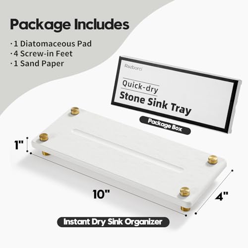 Razborci Water Absorbing Stone Sink Caddy Kitchen Sink Organizer Tray, Diatomite Bathroom Counter Tray, Gold Faucet Drying Mat Coaster Soap Dish Rack Riser Dispenser Sponge Holder, White 10" x 4" - color: White - Gold, size: 10" x 4" x 1"