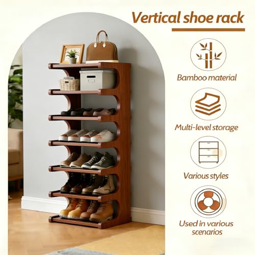 39" Bamboo Shoe Rack - Vertical Shoe Organizer Rack for Small Space, Narrow Shoe Tower for Closet, Entryway, Corner, Tall Shoe Shelf with Removable Shelves, Flexible Storage Shelf for Saving Space - color: Walnut - Brown