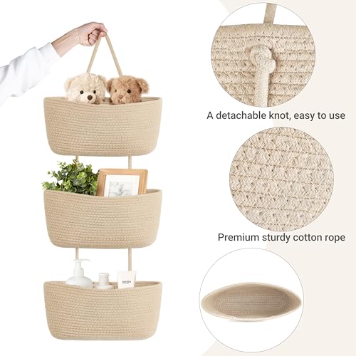 Dahey Over The Door Hanging Basket 3-Tier Woven Boho Wall Mounted Storage Organizer with Hooks for Bedroom Nursery Bathroom Apartments Dorm Pantry Decor, Jute - color: Jute, size: 3-Tier