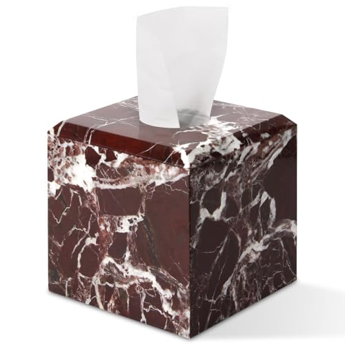 Natural Marble Square Tissue Box Cover ,Stone Modern Decorative Sturdy Napkin Box Holder Case,Facial Paper Organizer for Bathroom Vanity Toilet Countertop,Kitchen (1, Rosso Lepanto, 5.71*5.71*5.51) - color: Rosso Lepanto