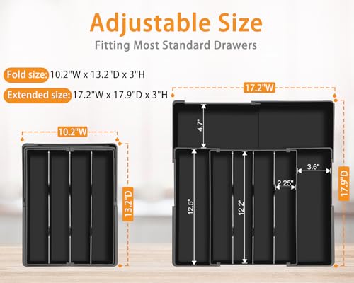 Homecor Silverware Organizer - Expandable Kitchen Drawer Organizer, 3" High Utensil Holder, BPA Free Flatware and Cutlery Tray for Spoons Forks Knives, Plastic Kitchen Organizer and Storage, Black - color: Black, size: Large(10.2-17.2'"W x 13.2-17.9"D)