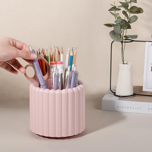 Anyoifax 360° Rotating Pen Holder 7 Slots Desk Organizer Removable Pencil Cup Plastic Art Supplies and Accessories Desktop Storage Box Caddy for Office, School, Home (Pink) - style: Stripe Pink