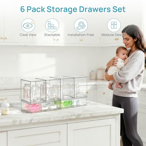 Vtopmart 6 Pack Baby Bottle Organizer Set, Stackable Storage Drawers Ideal for Kichen Countertop, Vanity, Bathroom, Cabinet, Pantry Organization - style: 4 High+2 Wide