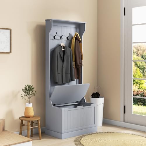 HOMCOM Hall Tree with Bench and Shoe Storage, 3-in-1 Entryway Bench with Coat Rack, 4 Hooks and Flip Top Storage Compartment, Gray - color: Grey, size: 28"