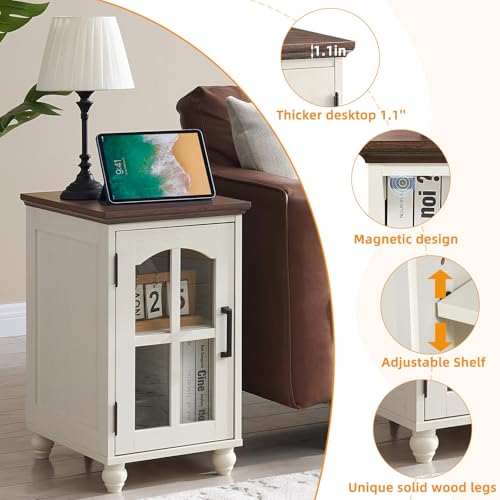Narrow Side Table,Farmhouse Nightstand with Charging Station,Wood End Table with Glass Barn Door Storage, Cabinet Organizer with Adjustable Shelf, Night Stand for Small Spaces for Living Room Bedroom - color: White, size: Set 1