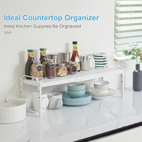 4 Pack Kitchen Cabinet Shelves Organizers, Kitchen Counter Storage Shelf Spice Rack, Expandable Length, Adjustable Height, Stackable, Sturdy 30LBS Bearing, Small Cupboard Tabletop Organizer Shelf Rack - color: White, size: 4 Pack (L=12.6"-20.5")