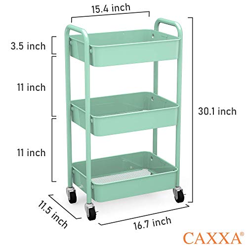 CAXXA 3-Tier Rolling Metal Storage Organizer - Mobile Utility Cart, Kitchen Cart with Caster Wheels (Aqua Green) - color: Aqua Green