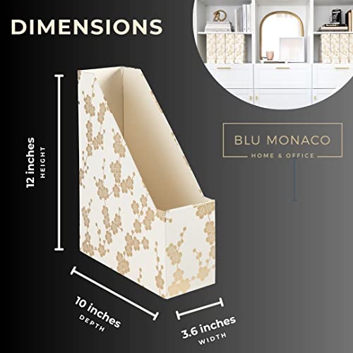 BLU MONACO | Set of 4 Foldable Magazine Storage Boxes with Gold Floral Pattern | Decorative Vertical File Organizers with Gold Label Holders for Desk, Shelves & Home Office - color: Floral Gold