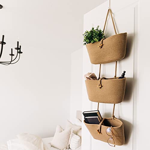 OrganiHaus Over the Door Hanging Basket for Organizing, 3-Tier Hanging Wall Basket for Storage, Boho Nursery Decor for Wall, Behind Door Wall Storage, Wall Organizer for Office, Wall Toy Storage Honey - color: Full Honey