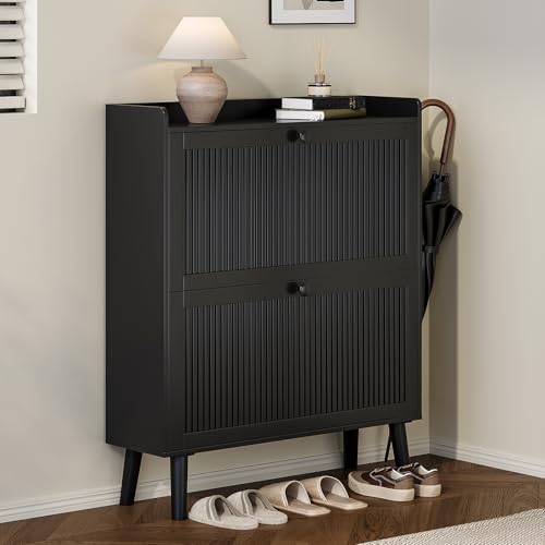 Fluted Shoe Cabinet with 2 Flip Drawers - Shoe Cabinet Storage for Entryway, 31.5" Wide Black Narrow Slim Shoe Rack with 2-Tier Adjustable Shelves for Hallway