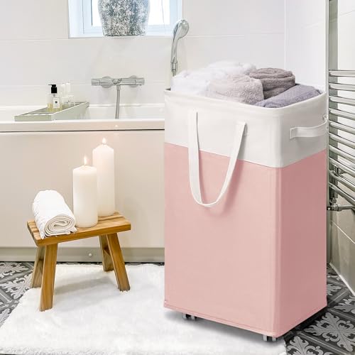 Goodpick Laundry Basket with Wheels 2-Pack, 75L Tall Clothes Hamper, Large Laundry Basket with Removable Wash Bag for Corner Dorm, Rolling Hamper, Pink&White - color: Pink & White 2-Pack