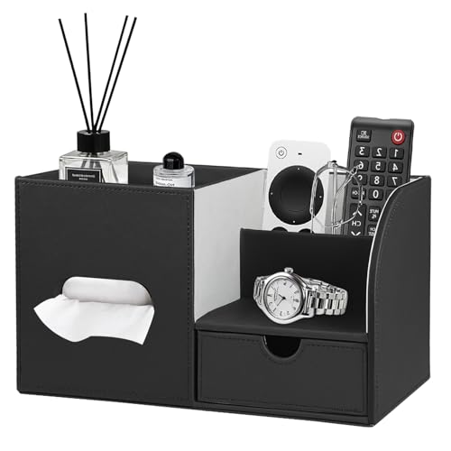 PU Leather Square Tissue Box Cover with Tray and Organizer, Multi-Function Remote Control Tissue Holder for Vanity, Nightstand, Bathroom, Home and Office - color: Black