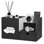 PU Leather Square Tissue Box Cover with Tray and Organizer, Multi-Function Remote Control Tissue Holder for Vanity, Nightstand, Bathroom, Home and Office - color: Black