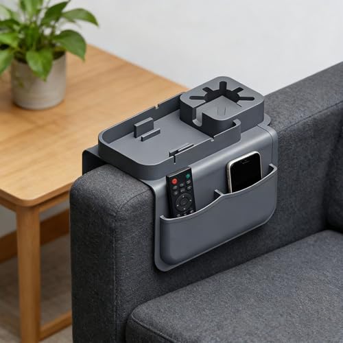 Silicone Sofa Armrest Tray Featuring Drink Holder and Side Pockets for Remote Phone and Snacks Storage Sofa Arm Tray Arm Organizers - color: brown