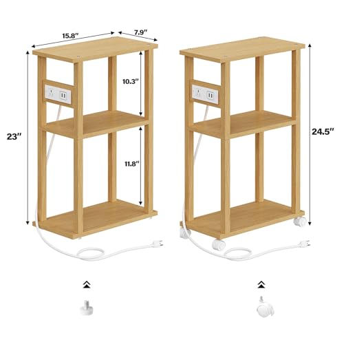 TUTOTAK Small Narrow Side Table with Charging Station, Skinny End Table for Small Spaces, Slim Nightstand with USB Ports and Outlet, Sofa Beside Table with Wheels, Natural TB01BN046 - color: Natural, size: 1 PC, style: With Plug