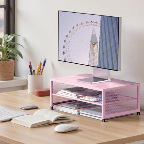 ECOLOVI 2-Tier Computer Monitor Stand Riser, Desk Organizer for Monitor, Printer & Laptop Stand, Desktop Workspace Organizers for Office Supplies(Pink) - color: Pink