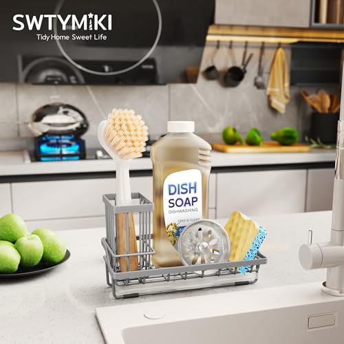 SWTYMIKI Sink Caddy Sponge Holder - Kitchen Sink Organizer with High Brush Holder for Countertop to Hold Dish Soaps and Sponges, Stainless Steel, Gray - color: Gray, size: Medium