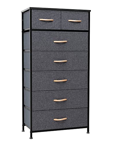 Crestlive Products Vertical Dresser Storage Tower - Sturdy Steel Frame, Wood Top, Easy Pull Fabric Bins, Wood Handles - Organizer Unit for Bedroom, Hallway, Entryway, Closets - 7 Drawers (Grey) - color: Grey, style: 7 Drawers