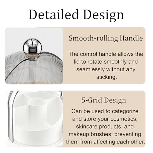 Makeup Brush Holder Organizer with Lid,360° Rotating Makeup Organizer Countertop,5 Compartments Make Up Brush Organizers for Makeup Brushes,Cosmetics,Skincare,Nail Polish,Toothbrush,Dustproof - color: White-Small