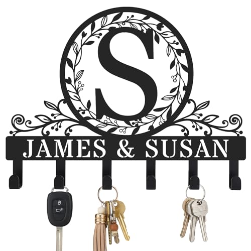 Personalized Metal Monogram Key Holder Rack for Wall Custom Coat Hooks for Bathroom Living Room Kitchen Office Wedding Anniversary Housewarming Gift - style: Garden