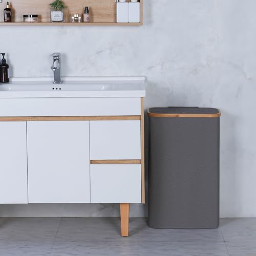 Slim Laundry Basket,60L Laundry Hamper with Lid, Tall Hamper for Laundry,Dirty Cloth Hamper with Bamboo Handle for Towels, Clothes Organizing,Grey - color: Grey, size: 60L Slim