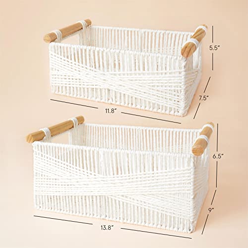 LA JOLIE MUSE Wicker Storage Baskets for Organizing, Recyclable Paper Rope Basket with Wood Handles, Decorative Hand Woven Basket Organizers for Makeup Books Shelves Living Room, White, Set of 2 - color: White