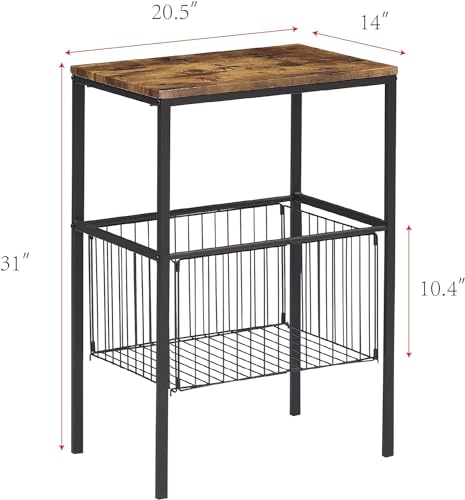 VECELO Tall Night Stand with Metal Basket,End Table with Shelf Storage Organizer, Wood Nightstand for Bedroom, Living Room,Bathroom - color: Rustic Brown, size: 1 Set