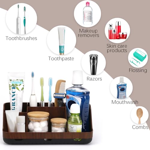 GFWARE Wood Toothbrush Holders for Bathrooms Countertop Organizer - Detachable 7 Slots Kid Bathroom Decor and Accessories, Wooden Bathroom Sink Storage Organization, Caddy, Tray, Brown - color: Wood Brown
