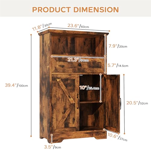 Floor Cabinet, Farmhouse Storage Cabinet with Barn Doors and Drawer, Freestanding Adjustable Shelf Organizer for Bathroom, Kitchen, Living Room Rustic Brown - color: Rustic Brown, size: 39.4"H x 23.6"W x 11.8"D