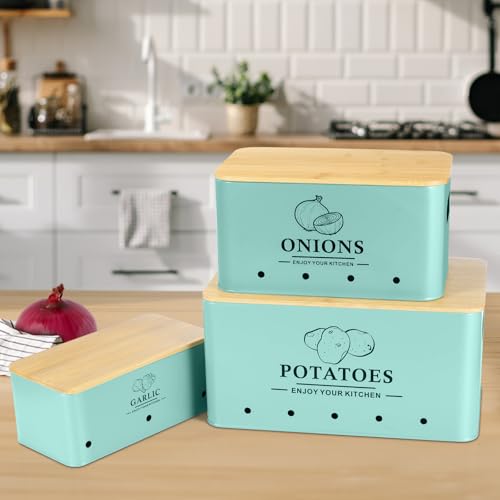 Kitchen Vegetable Storage Set of 3, Metal Onion Garlic Potato Storage Set, Kitchen Canisters Vegetable Keeper Containers with Aerating Holes and Wooden Lid (Blue) - color: Blue