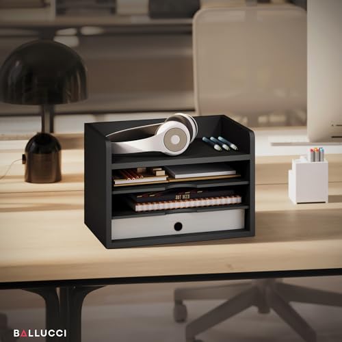 Ballucci File Organizer, 4-Tier Office Desk Organizer, Open Top Wood Paper Organizer for Classroom, Desktop Mail Sorter Paper Tray, Black - color: Black, size: 4 Tier