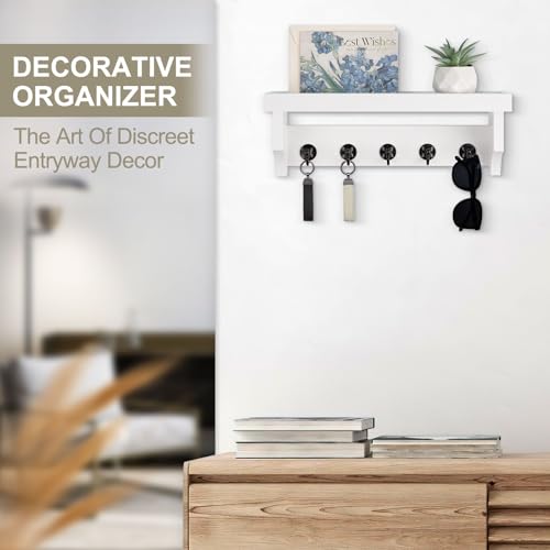 Key and Mail Holder Wall Mount, Key Holder with Shelf and Mail Organizer Wall Mount. Mail Holder with 5 Hooks for Coat, Dog Leash, Home Decor Rack, Entry Way Organizer (White) - color: White